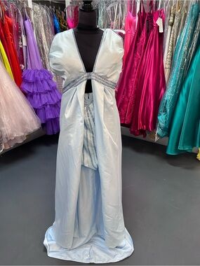 Rachel Allan Pale Blue Prom Gown with Beaded Waist